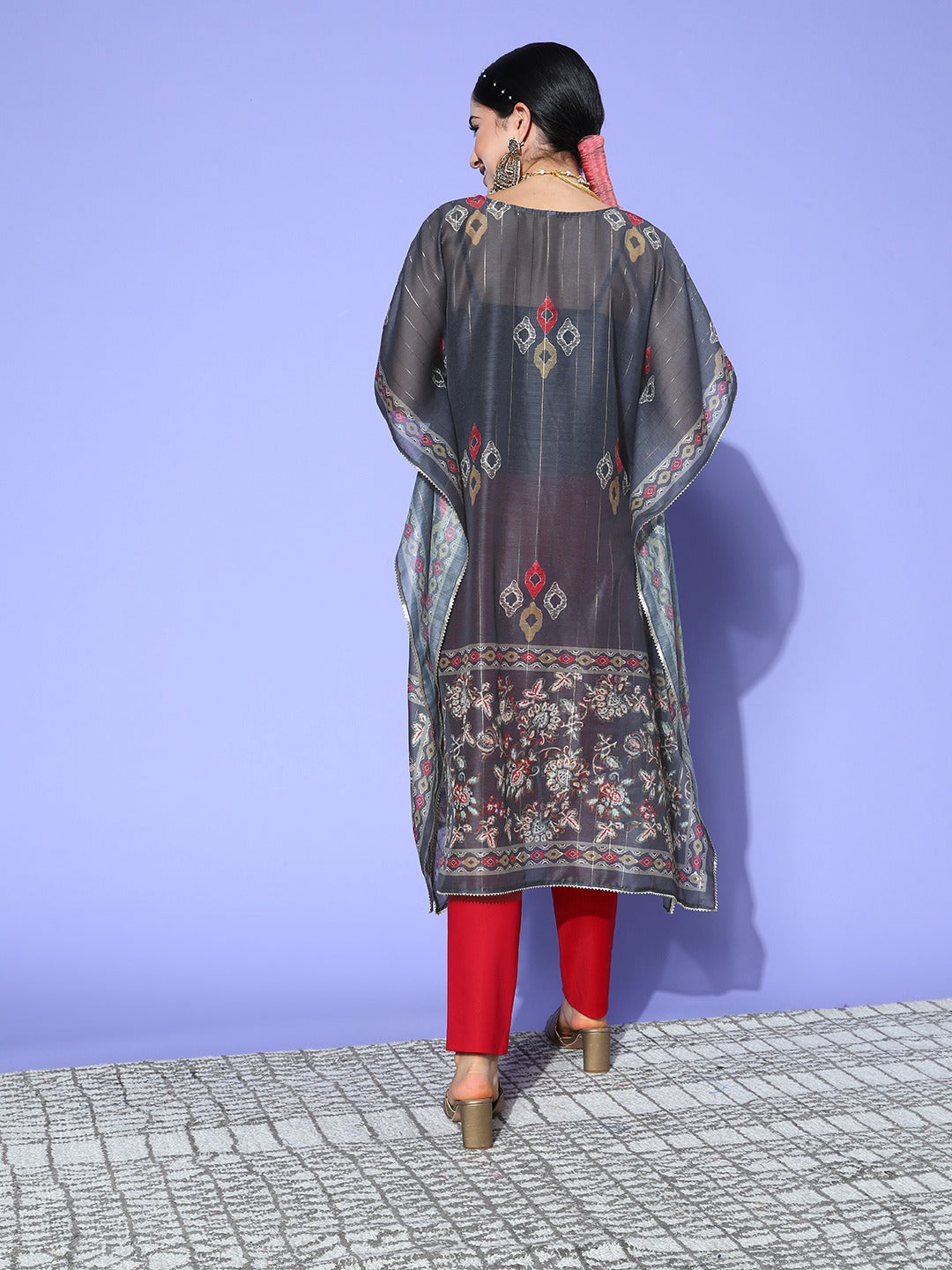 Women's Grey Geometric Kaftan Kurta