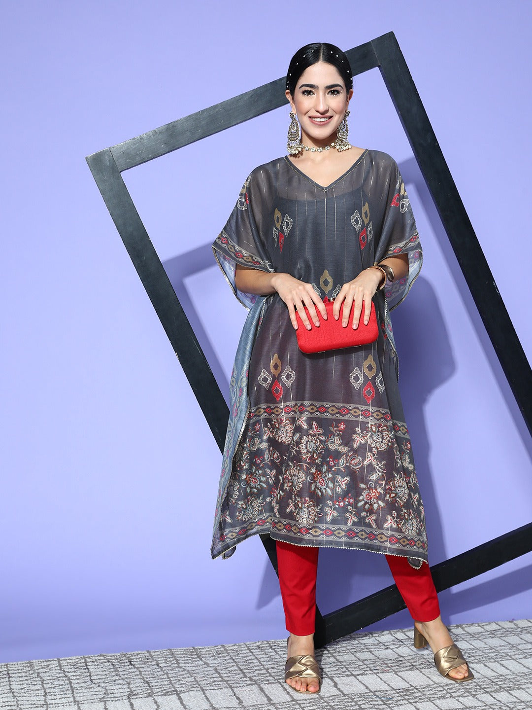 Women's Grey Geometric Kaftan Kurta