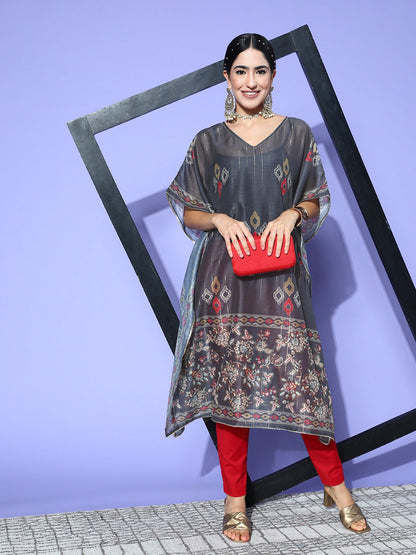 Women's Grey Geometric Kaftan Kurta