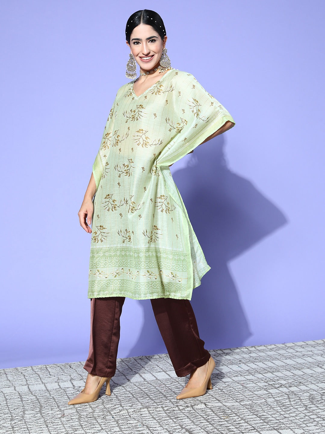 Women's Green Floral Kaftan Kurta