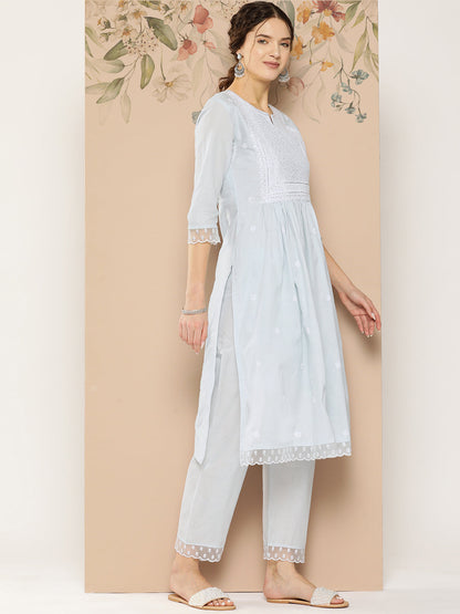 Women's Blue Solid Straight Kurta Trouser And Dupatta Set