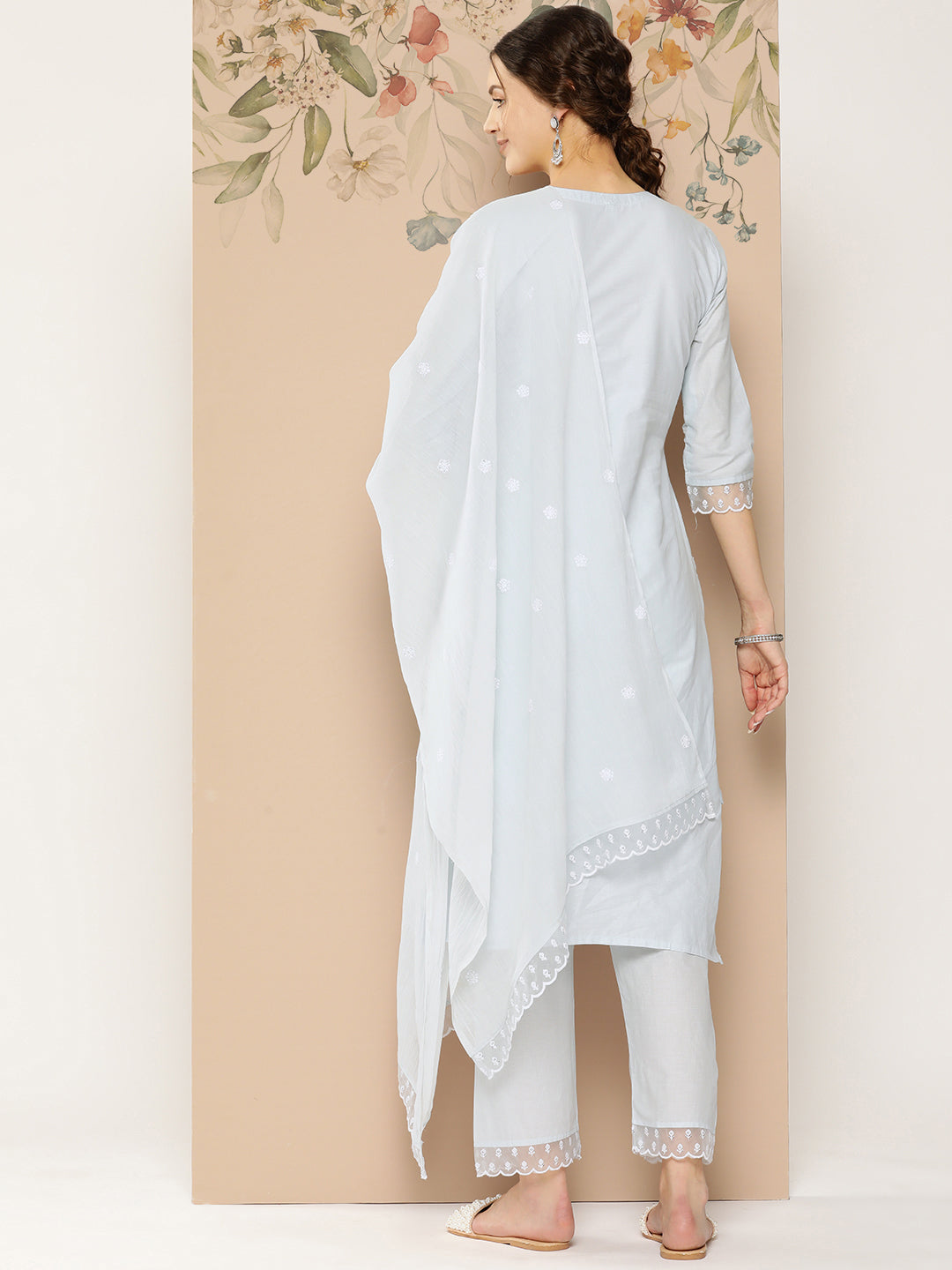 Women's Blue Solid Straight Kurta Trouser And Dupatta Set