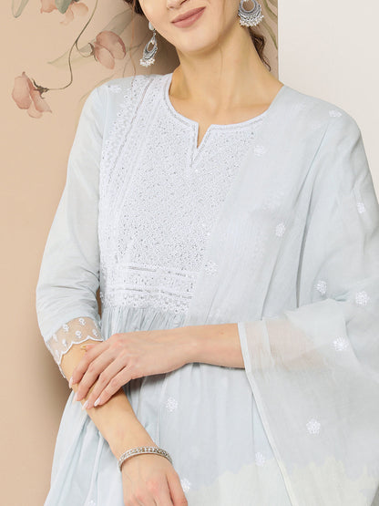 Women's Blue Solid Straight Kurta Trouser And Dupatta Set