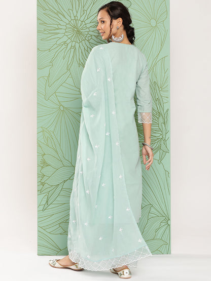 Women's Sea Green Solid Straight Kurta Trouser And Dupatta Set
