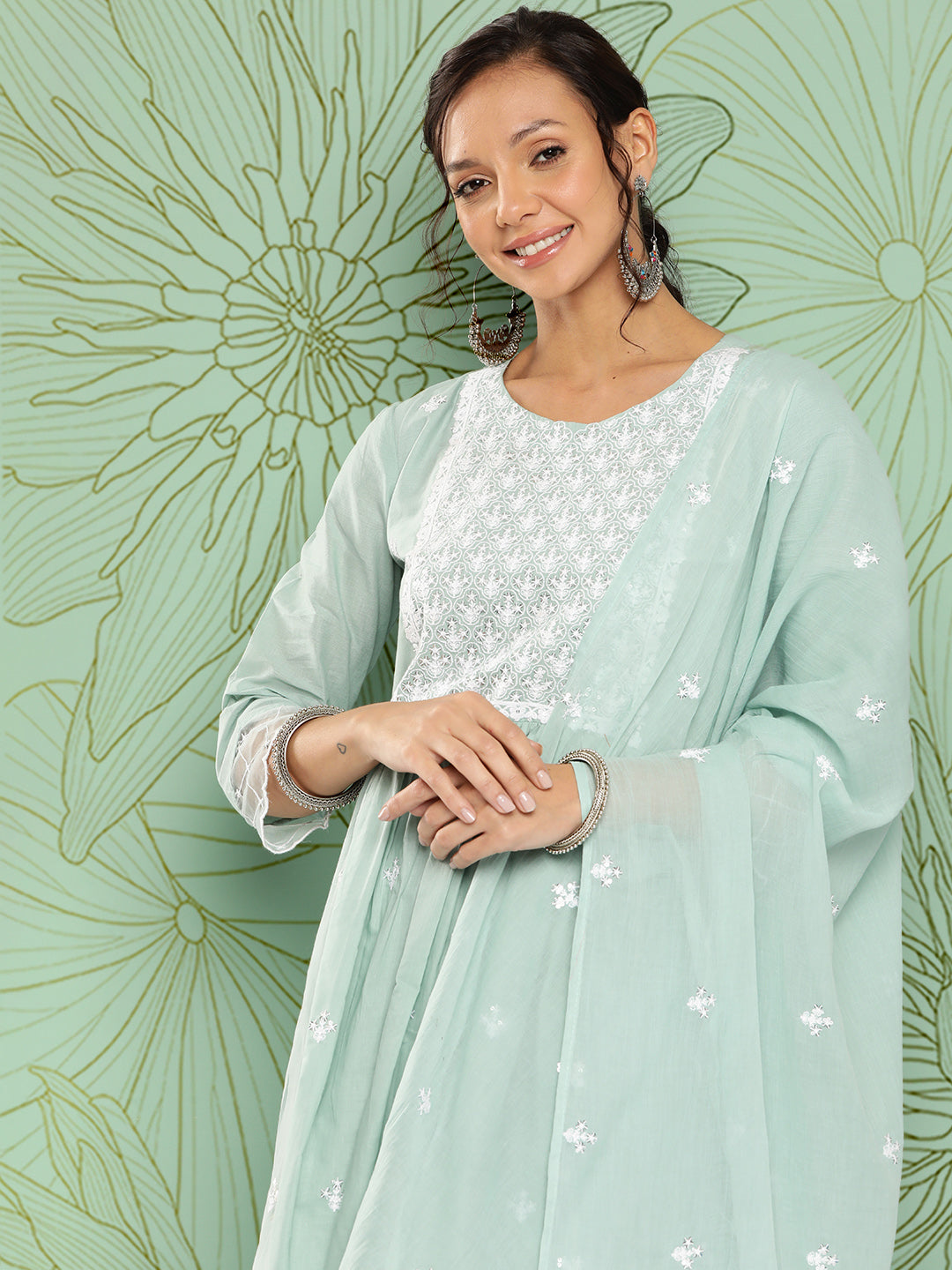 Women's Sea Green Solid Straight Kurta Trouser And Dupatta Set