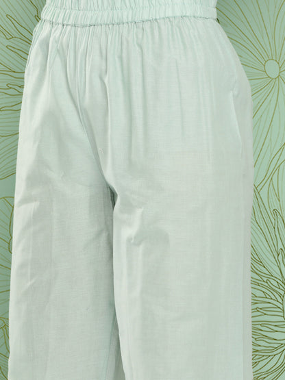 Women's Sea Green Solid Straight Kurta Trouser And Dupatta Set