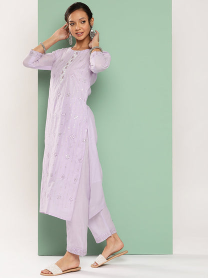 Women's Lavender Solid Straight Kurta Trouser And Dupatta Set