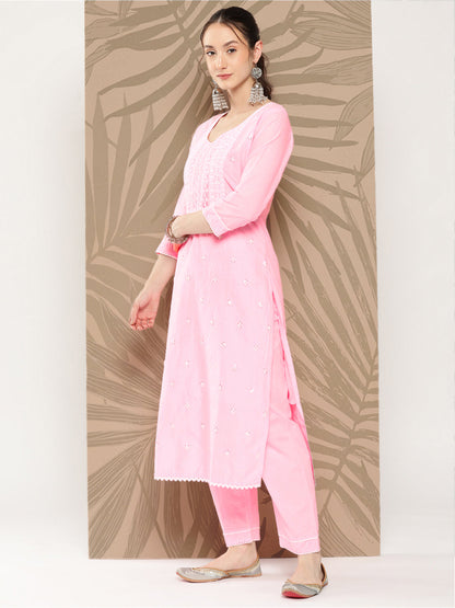 Women's Pink Solid Straight Kurta Trouser And Dupatta Set