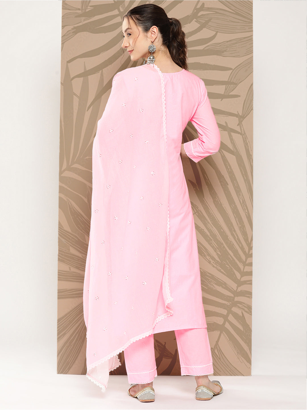 Women's Pink Solid Straight Kurta Trouser And Dupatta Set