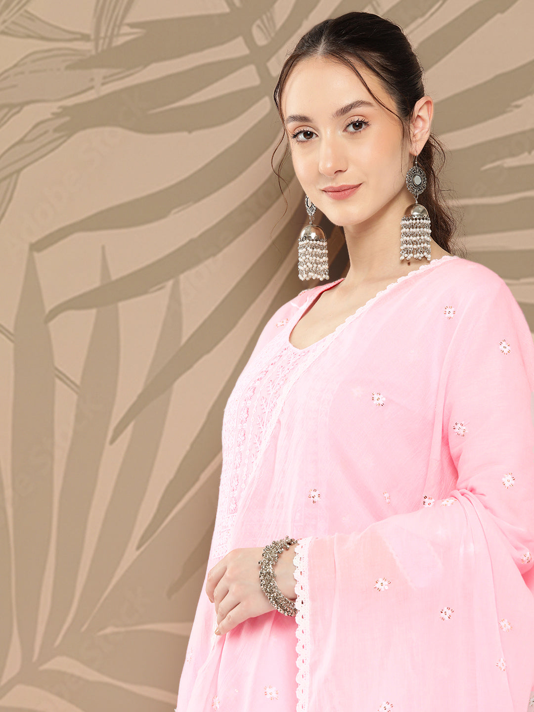 Women's Pink Solid Straight Kurta Trouser And Dupatta Set