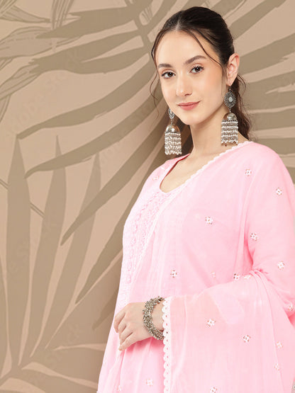 Women's Pink Solid Straight Kurta Trouser And Dupatta Set