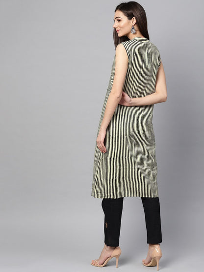 Women's  Cream-Coloured & Black Striped A-Line Kurta