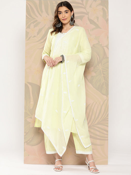 Women's Green Solid Straight Kurta Trouser And Dupatta Set