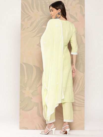 Women's Green Solid Straight Kurta Trouser And Dupatta Set