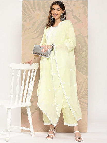 Women's Green Solid Straight Kurta Trouser And Dupatta Set