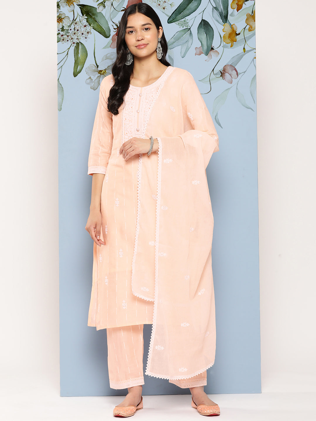 Women's Peach Solid Straight Kurta Trouser And Dupatta Set