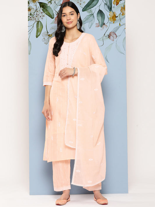Women's Peach Solid Straight Kurta Trouser And Dupatta Set