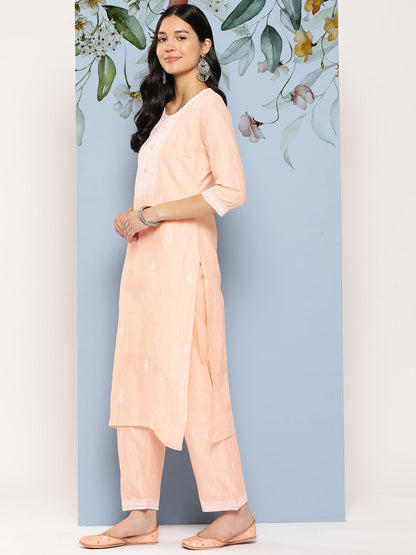 Women's Peach Solid Straight Kurta Trouser And Dupatta Set