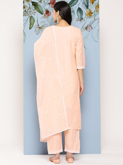 Women's Peach Solid Straight Kurta Trouser And Dupatta Set