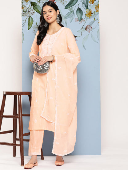 Women's Peach Solid Straight Kurta Trouser And Dupatta Set