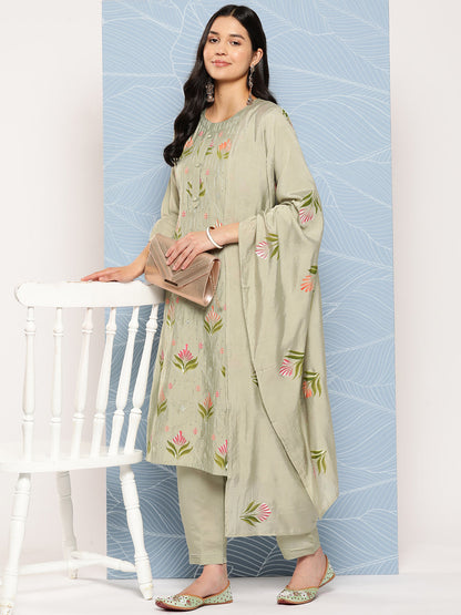 Women's Green Floral Straight Kurta Trouser And Dupatta Set