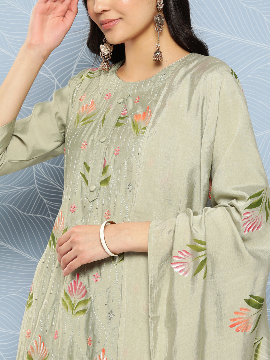 Women's Green Floral Straight Kurta Trouser And Dupatta Set