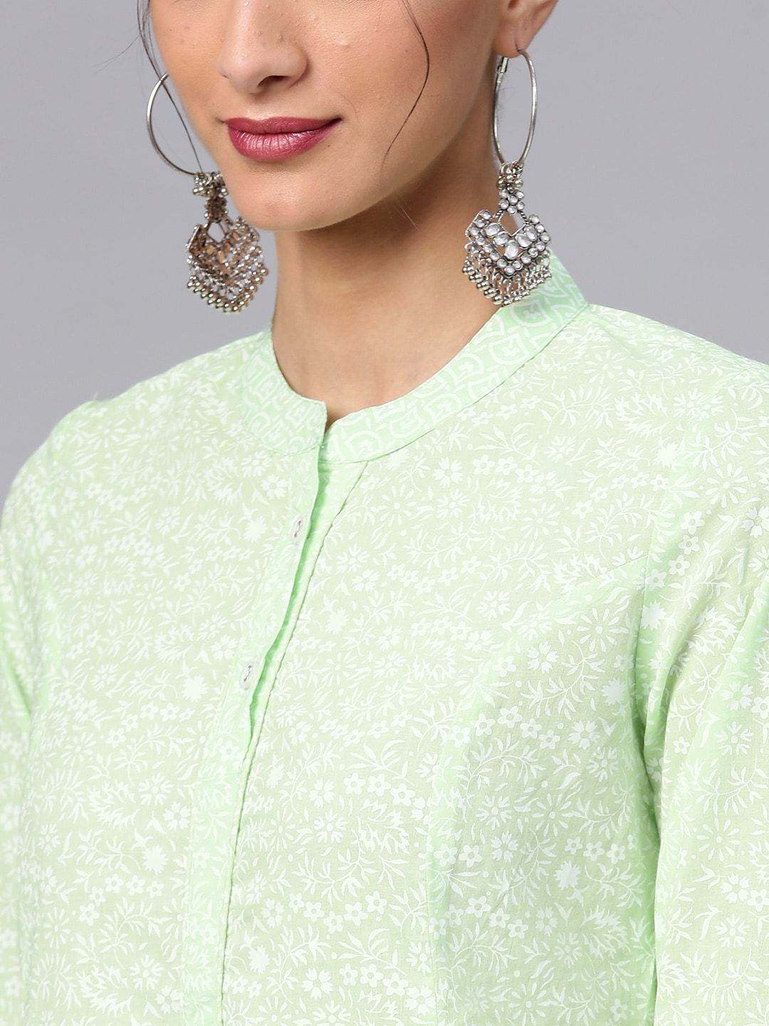Women's  Green & White Printed A-Line Kurta