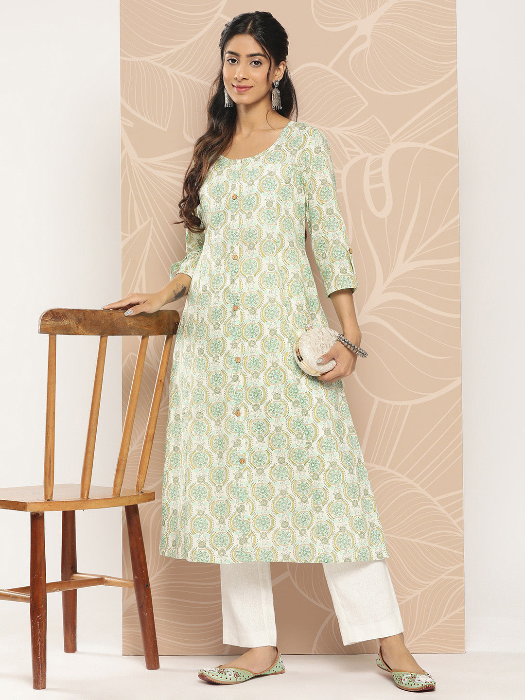 Women's White Ethnic Motifs A-Line Kurta