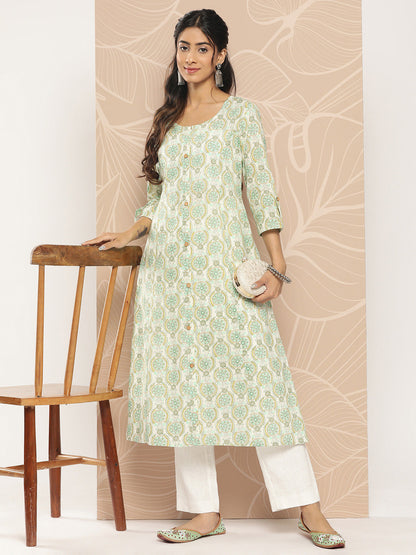Women's White Ethnic Motifs A-Line Kurta