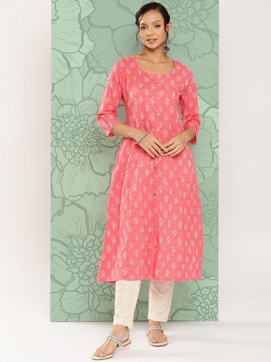 Women's Pink Floral Straight Kurta