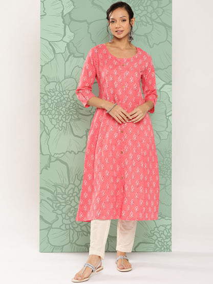 Women's Pink Floral Straight Kurta