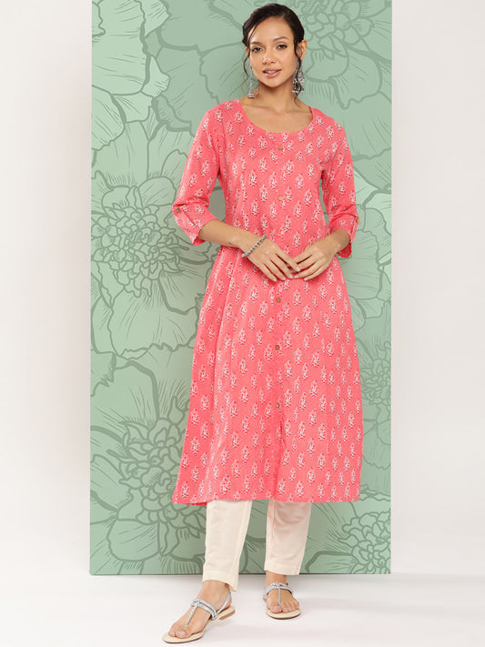 Women's Pink Floral Straight Kurta