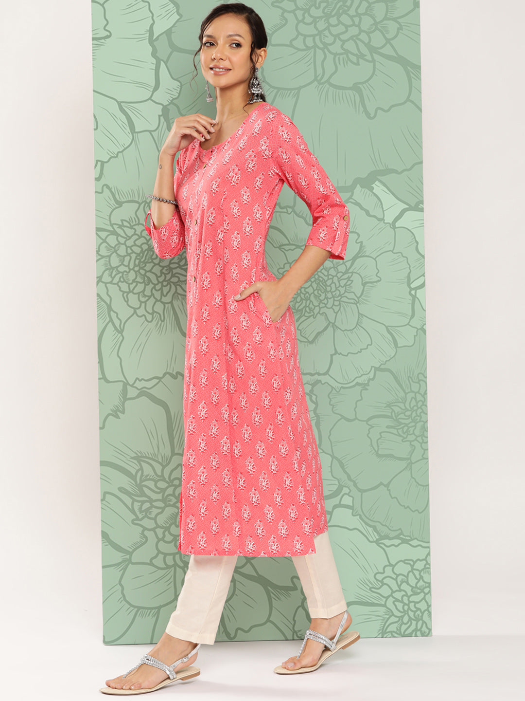 Women's Pink Floral Straight Kurta