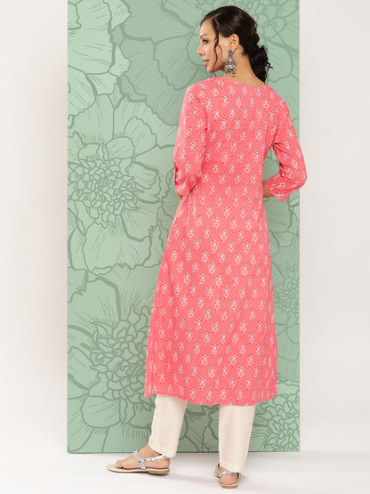 Women's Pink Floral Straight Kurta