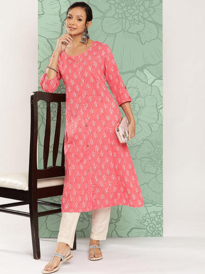 Women's Pink Floral Straight Kurta