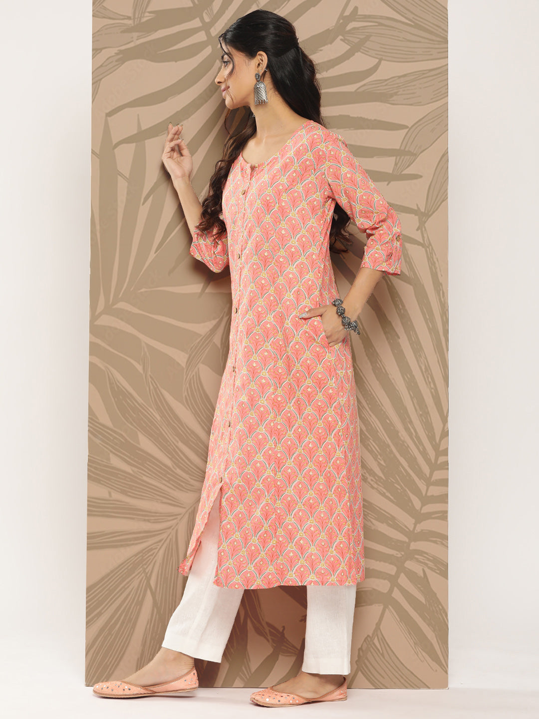 Women's Peach Ethnic Motifs A-Line Kurta
