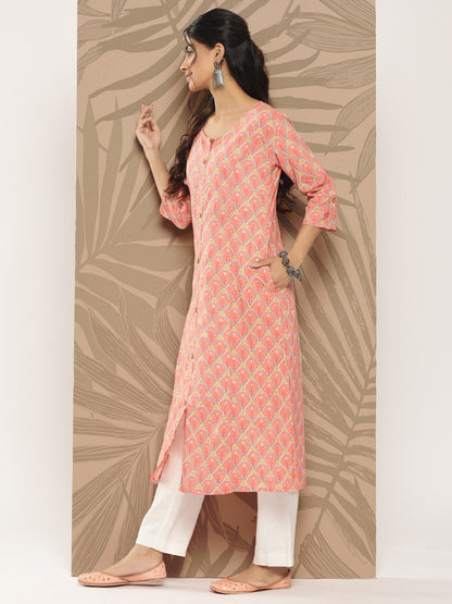 Women's Peach Ethnic Motifs A-Line Kurta
