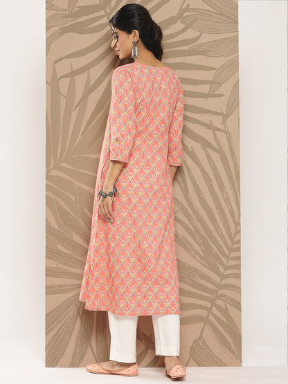 Women's Peach Ethnic Motifs A-Line Kurta