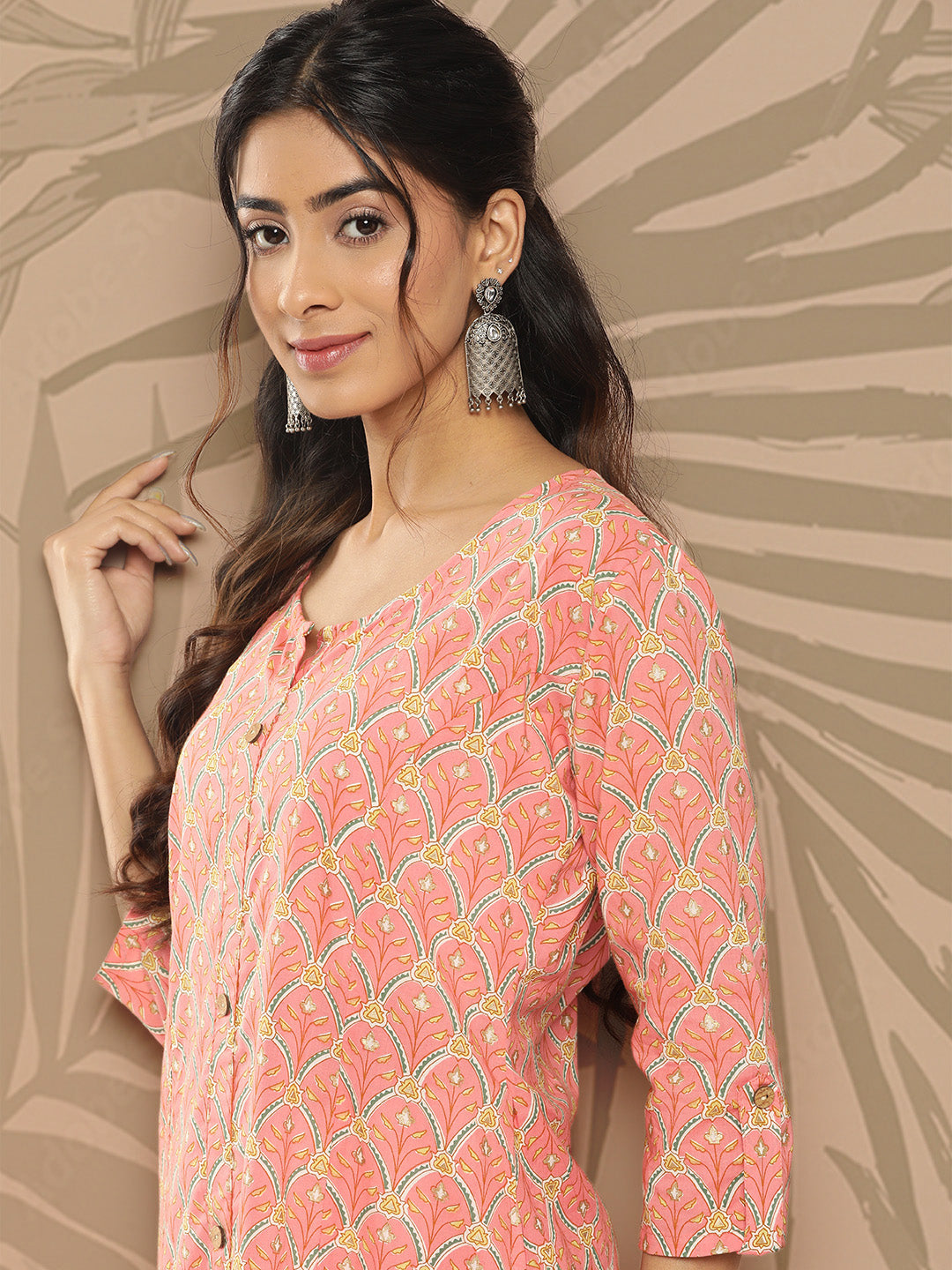 Women's Peach Ethnic Motifs A-Line Kurta