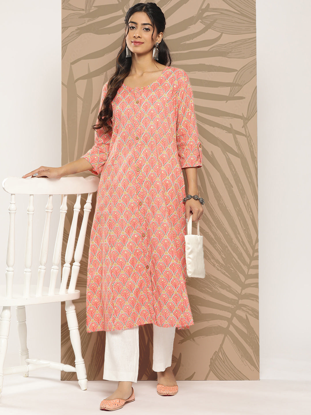 Women's Peach Ethnic Motifs A-Line Kurta