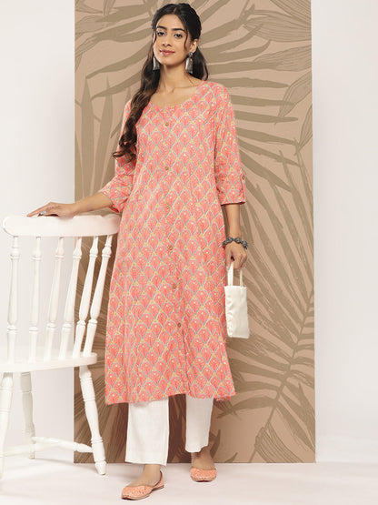 Women's Peach Ethnic Motifs A-Line Kurta