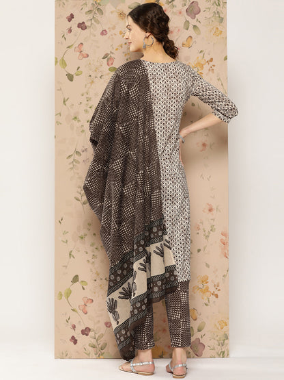 Women's Brown Ethnic Motifs Straight Kurta Trouser And Dupatta Set