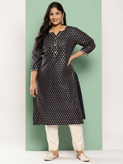 Women's Navy Blue Ethnic Motifs Straight Kurta