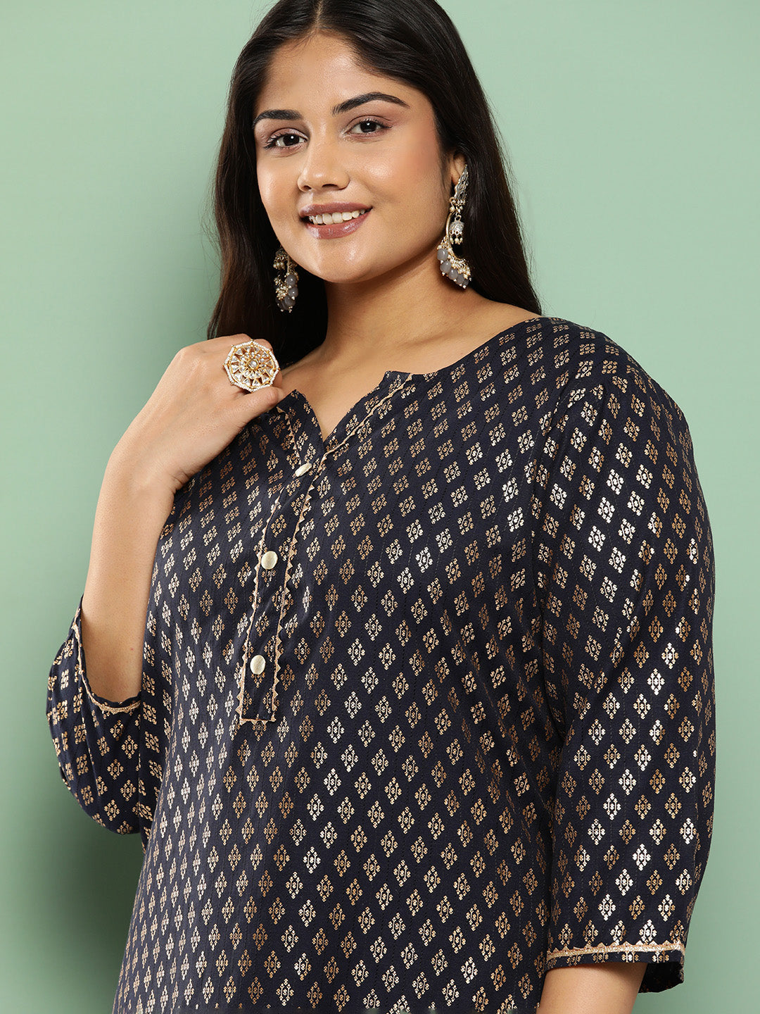Women's Navy Blue Ethnic Motifs Straight Kurta