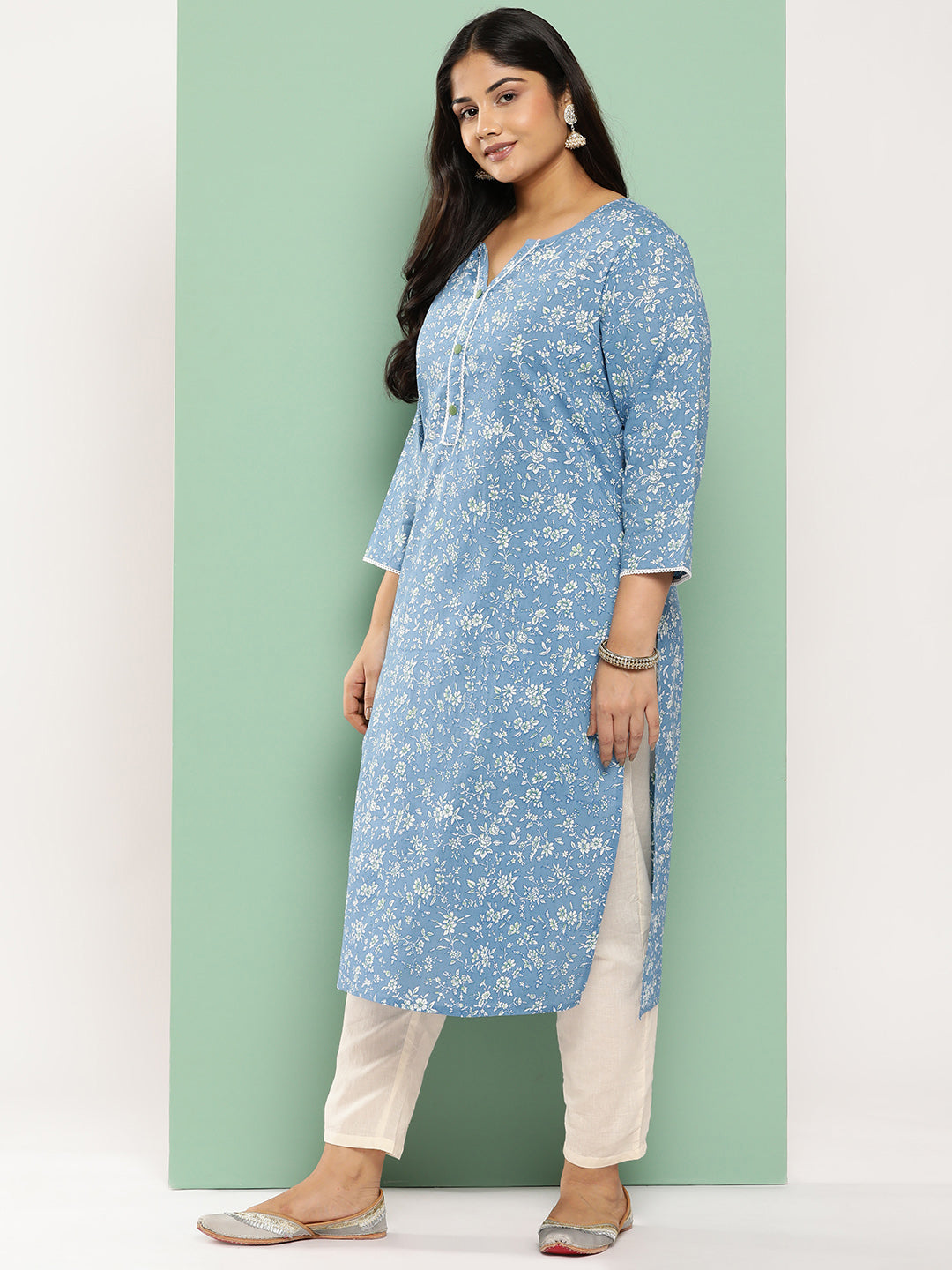 Women's Blue Floral Straight Kurta