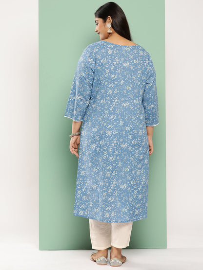Women's Blue Floral Straight Kurta