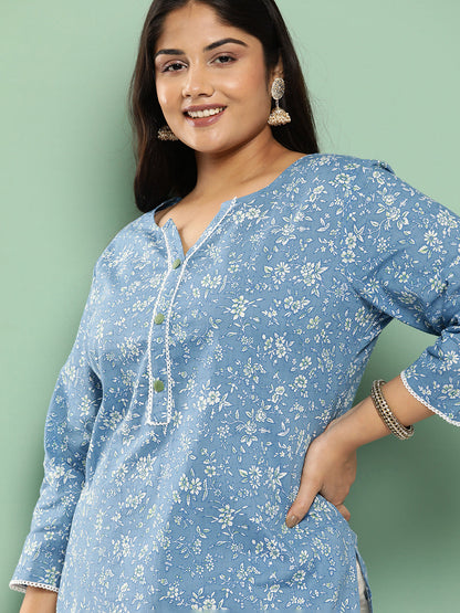 Women's Blue Floral Straight Kurta