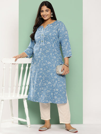 Women's Blue Floral Straight Kurta