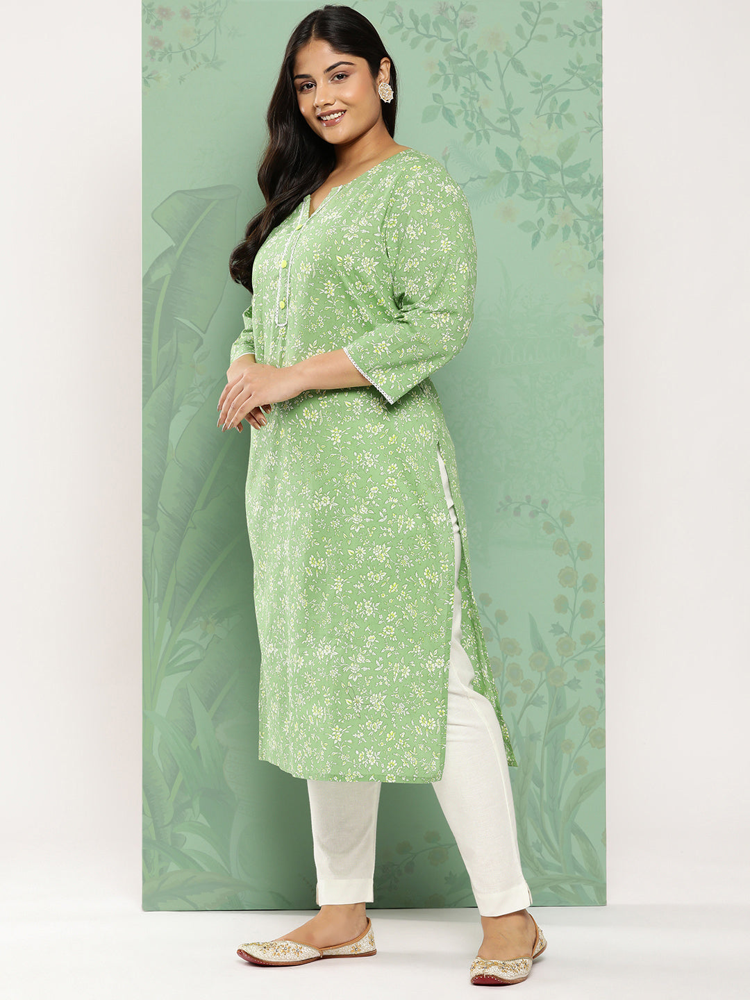 Women's Green Floral Straight Kurta