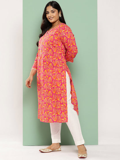 Women's Pink Floral Straight Kurta